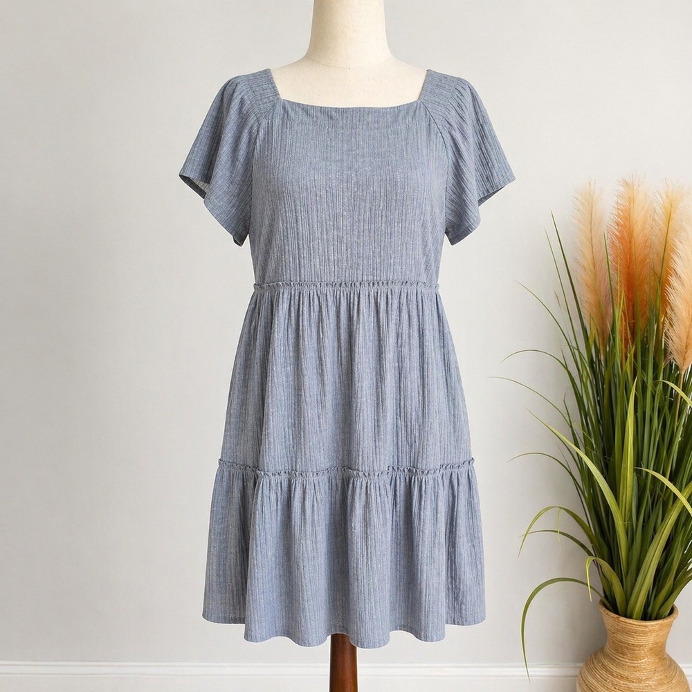 NATURAL LIFE Tiered Knit Square Neck Babydoll Dress SZ Large Coastal Cowgirl - Picture 2 of 11